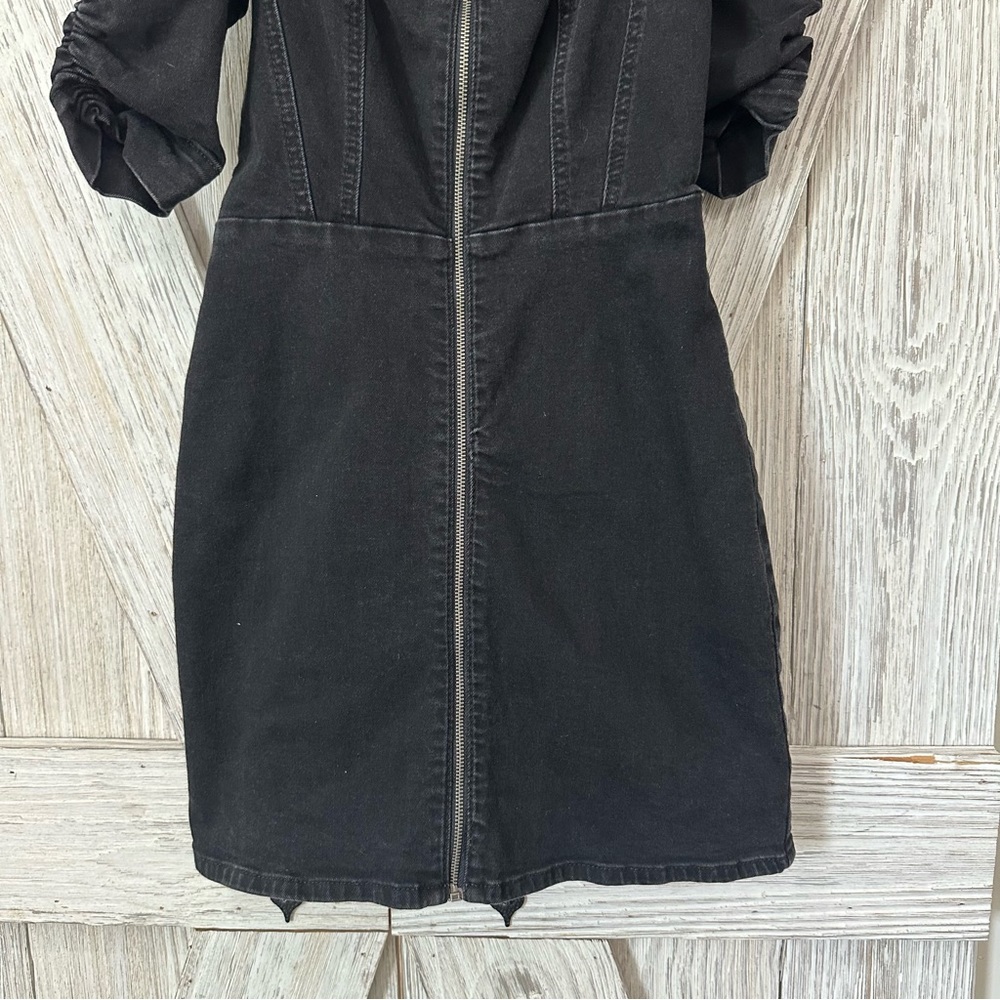 Denim Bershka Puff Sleeve Front Zip Stretch Dress - Picture 3 of 11